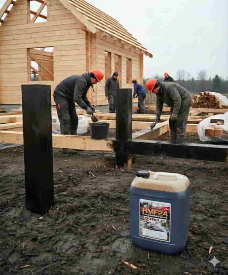 Pracownicy budują dom z drewna.