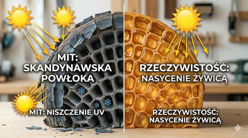 Skandynawskie Impregnaty najlepsze? To MIT! Sprawdź, dlaczego polska sosna potrzebuje „zbroi”, a nie tylko etykiety. Nasycenie komórek polskiej sosny żywicą Ekotar pod mikroskopem vs. pękająca powłoka standardowego impregnatu.