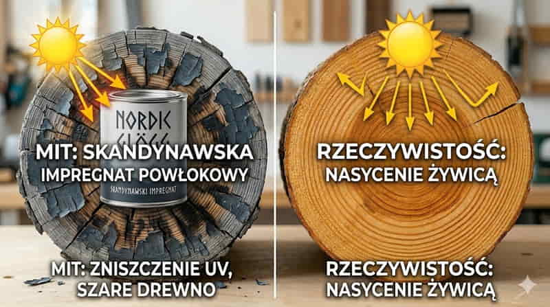 Skandynawskie Impregnaty najlepsze? To MIT! Sprawdź, dlaczego polska sosna potrzebuje „zbroi”, a nie tylko etykiety. Przekrój słojów drewna syberyjskiego i skandynawskiego w porównaniu do porowatej sosny polskiej.